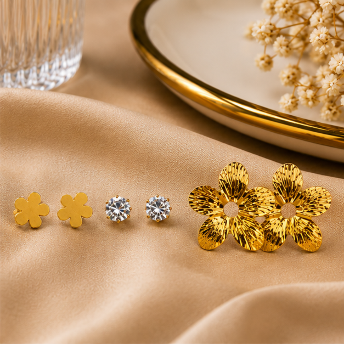Gold Tone Floral Crystal Stud Earring Set