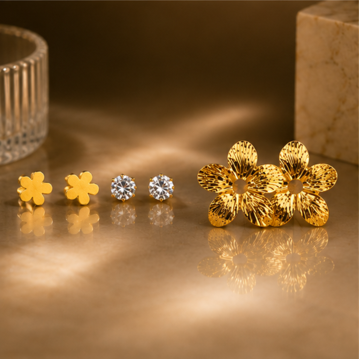 Gold Tone Floral Crystal Stud Earring Set