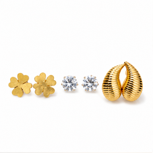 Gold Tone Floral Crystal Ribbed Teardrop Earring Set