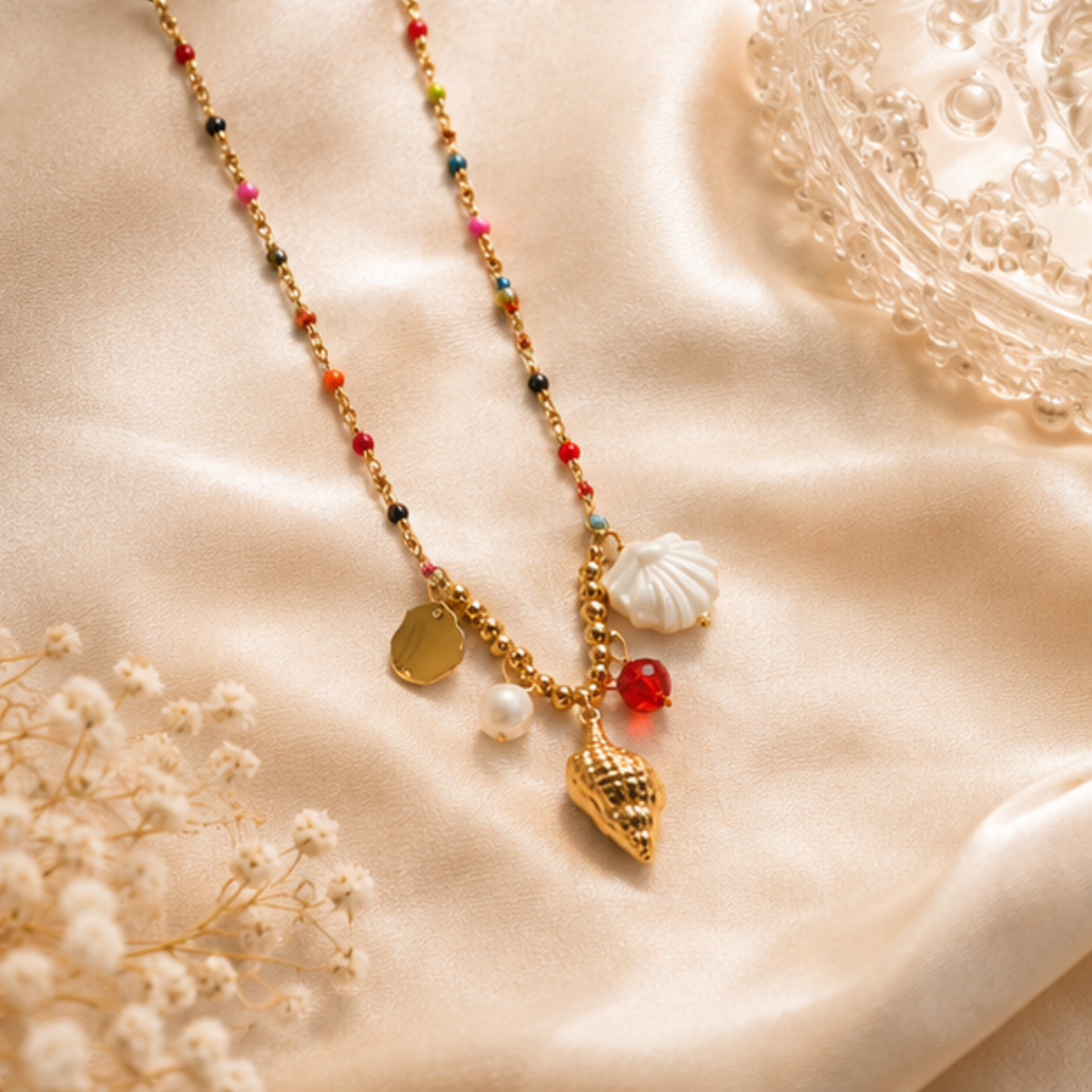 Multicolor Beaded Gold Tone Charm Pendant Necklace