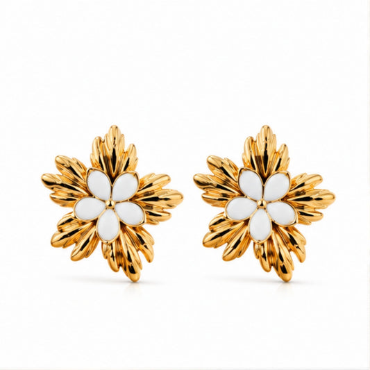 Gold Tone White Floral Stud Earrings for Everyday Elegance