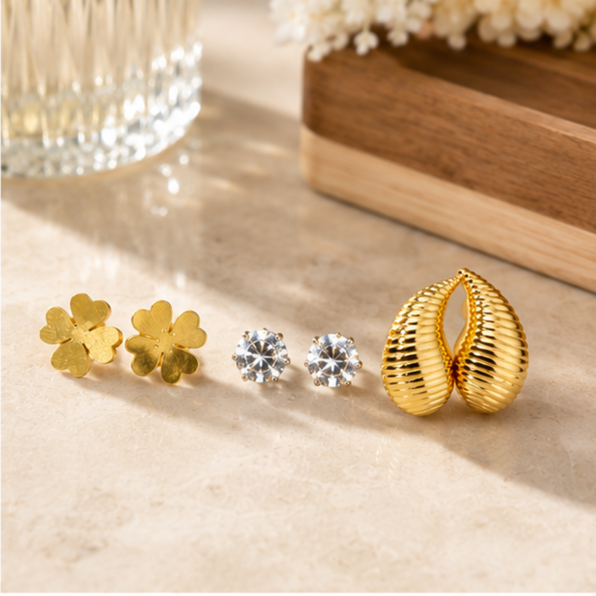 Gold Tone Floral Crystal Ribbed Teardrop Earring Set