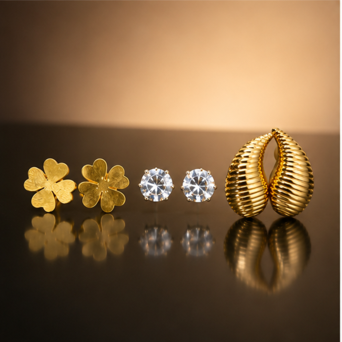 Gold Tone Floral Crystal Ribbed Teardrop Earring Set