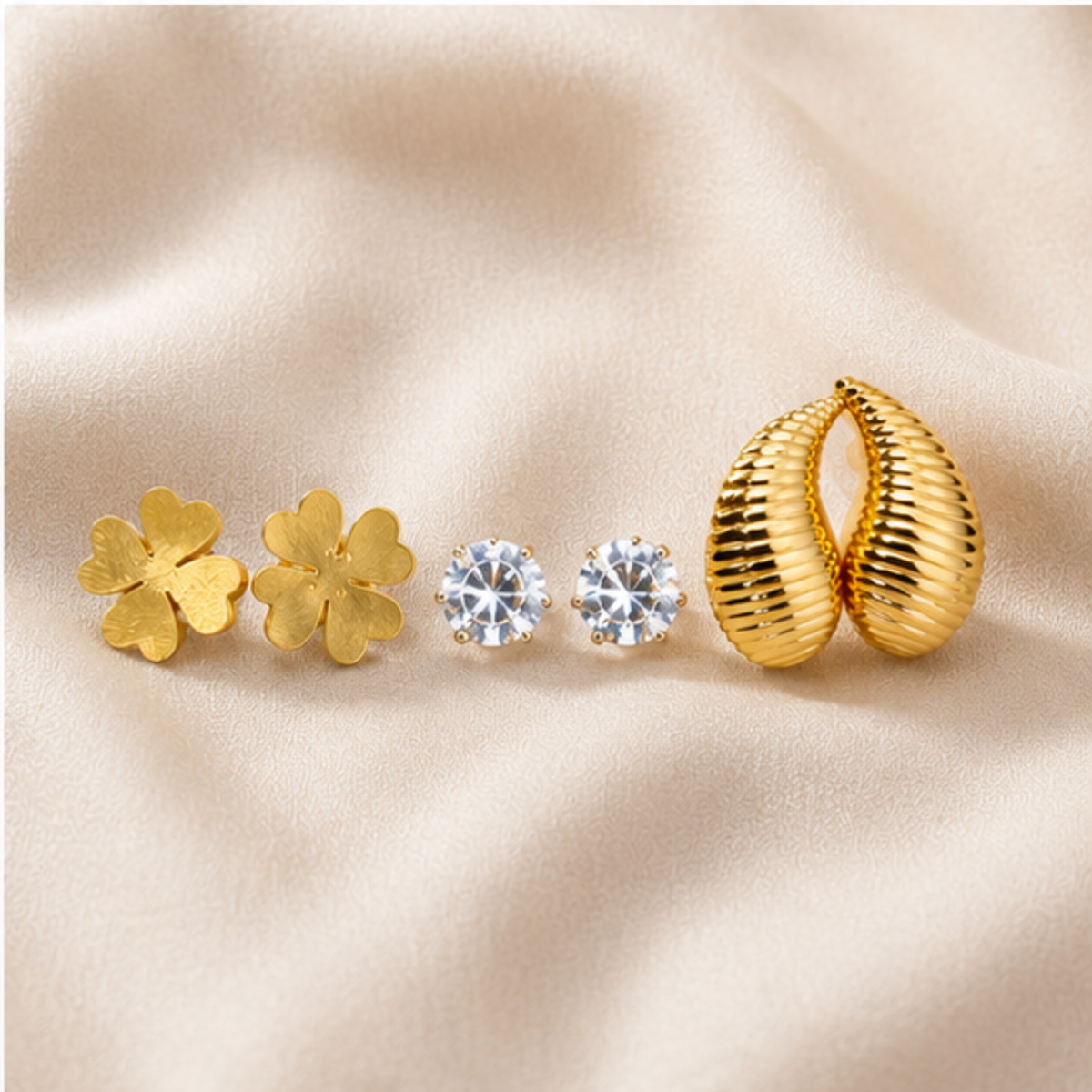 Gold Tone Floral Crystal Ribbed Teardrop Earring Set