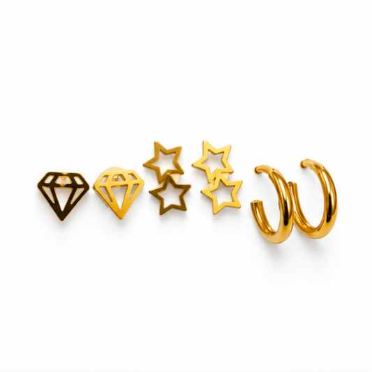 Gold Tone Diamond Star and Hoop Earring Set