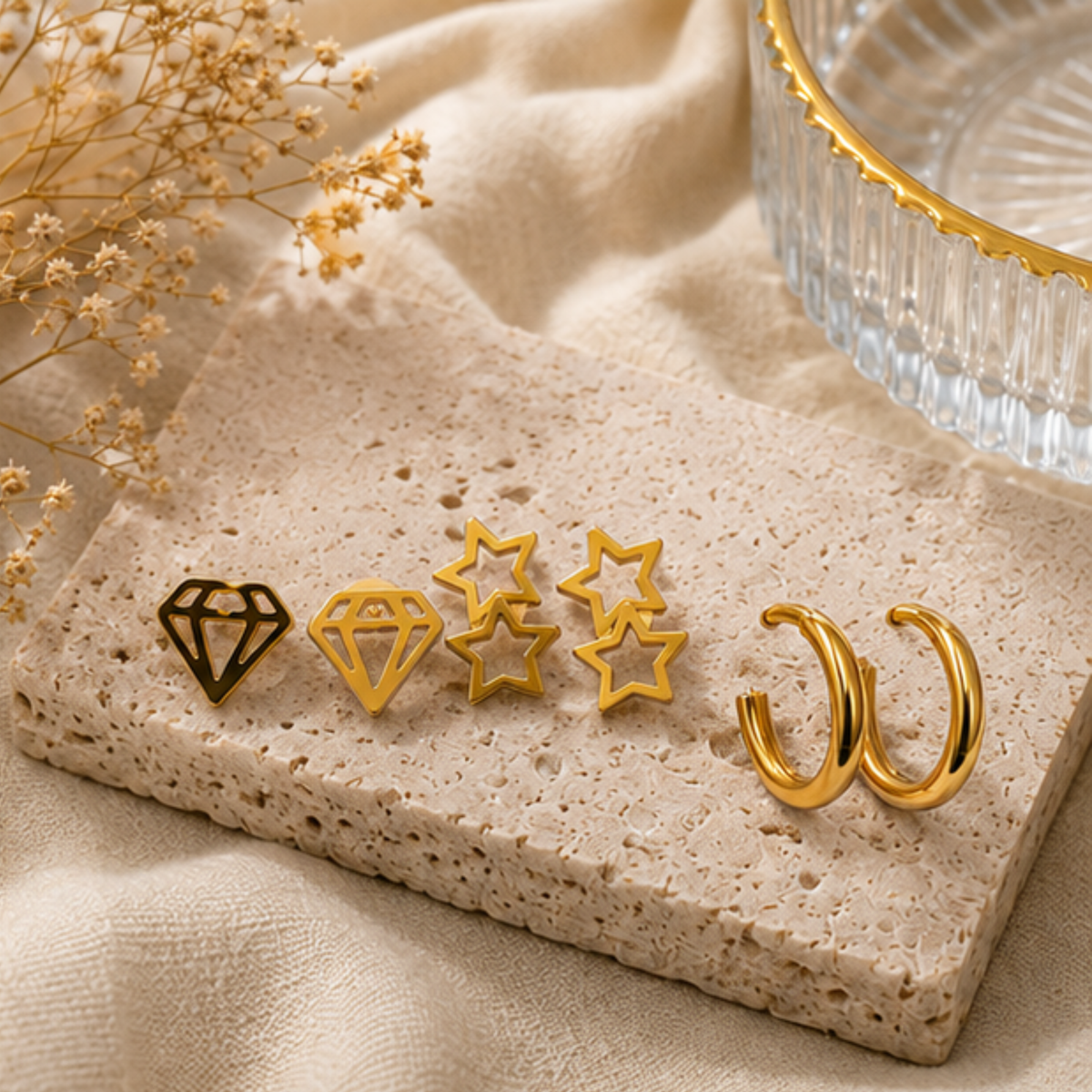 Gold Tone Diamond Star and Hoop Earring Set
