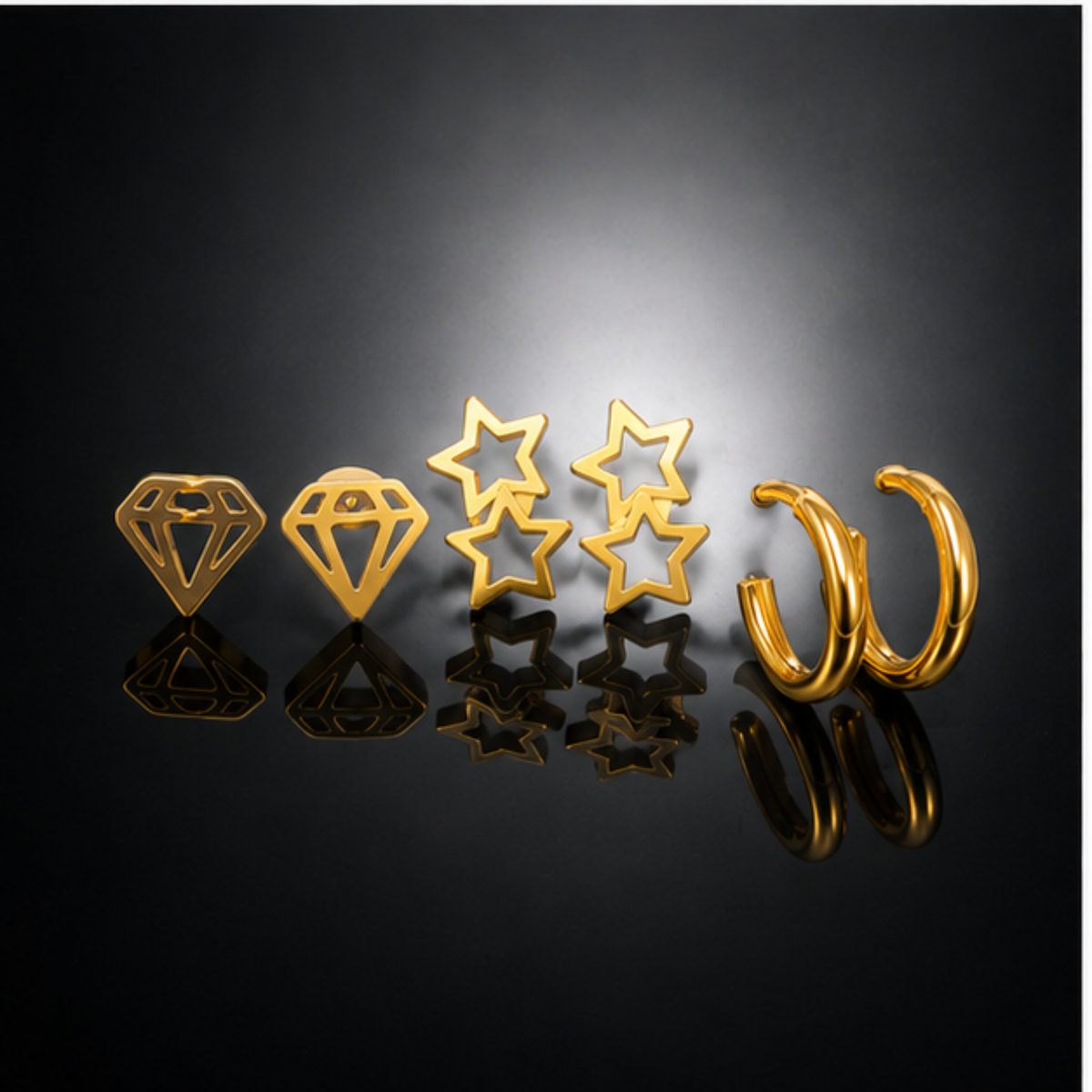 Gold Tone Diamond Star and Hoop Earring Set