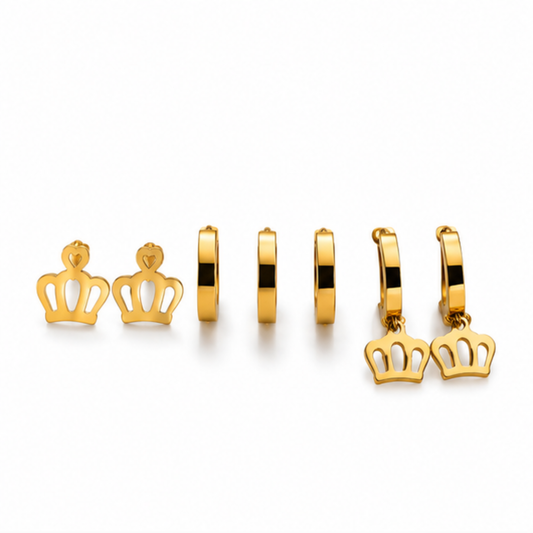 Gold Tone Crown and Hoop Earring Set