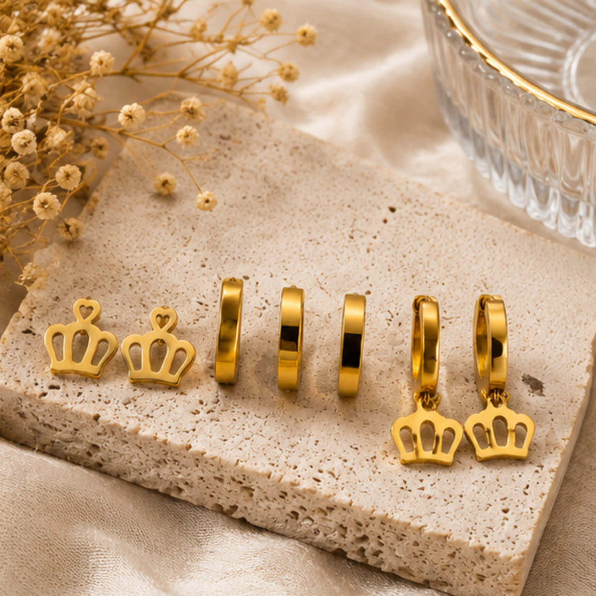 Gold Tone Crown and Hoop Earring Set