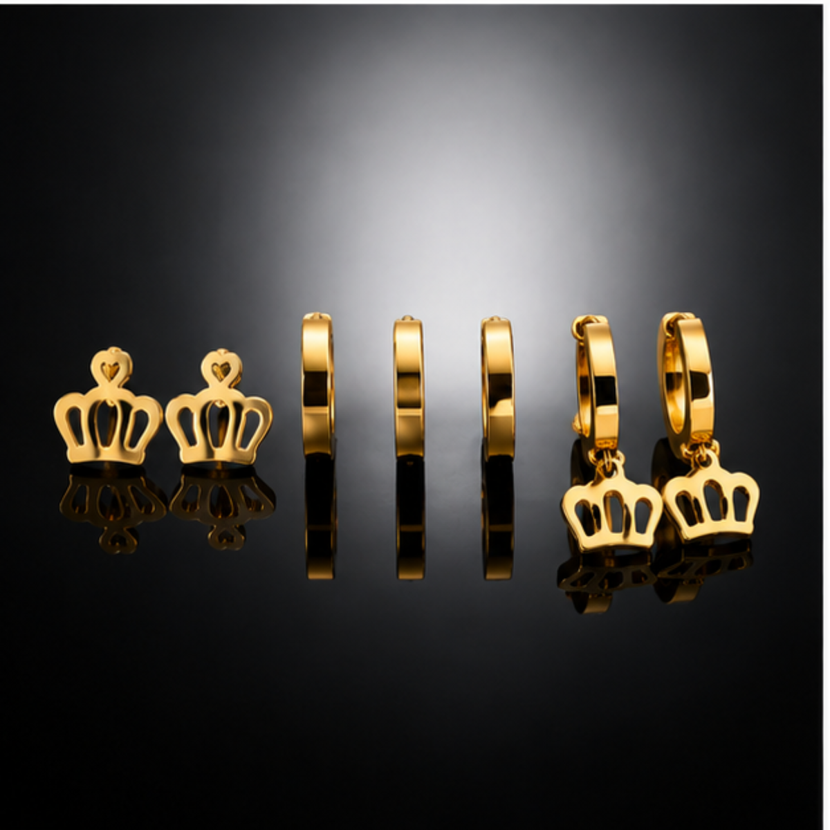 Gold Tone Crown and Hoop Earring Set