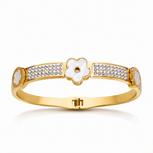 Gold Tone Crystal Flower Detail Bangle Bracelet