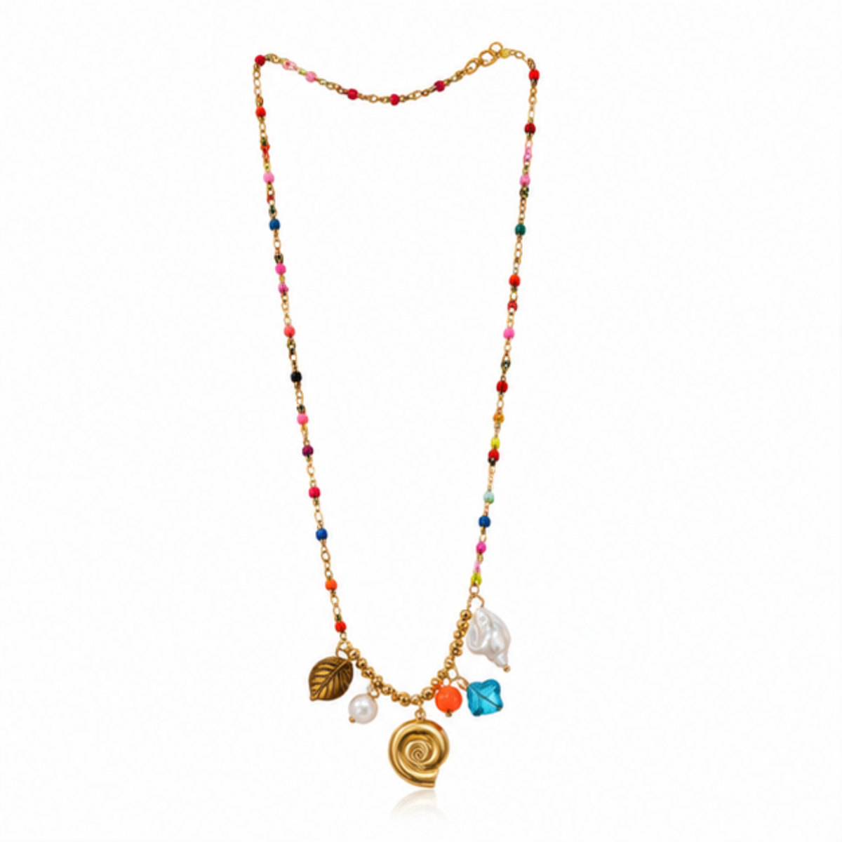 Multicolor Beaded Gold Tone Charm Necklace