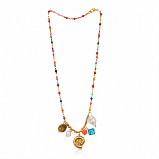 Multicolor Beaded Gold Tone Charm Necklace