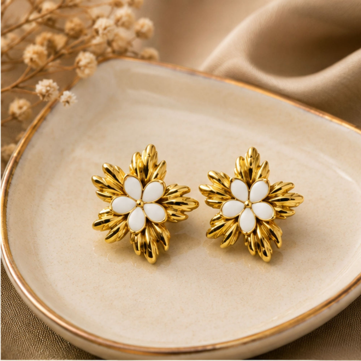 Gold Tone White Floral Stud Earrings for Everyday Elegance