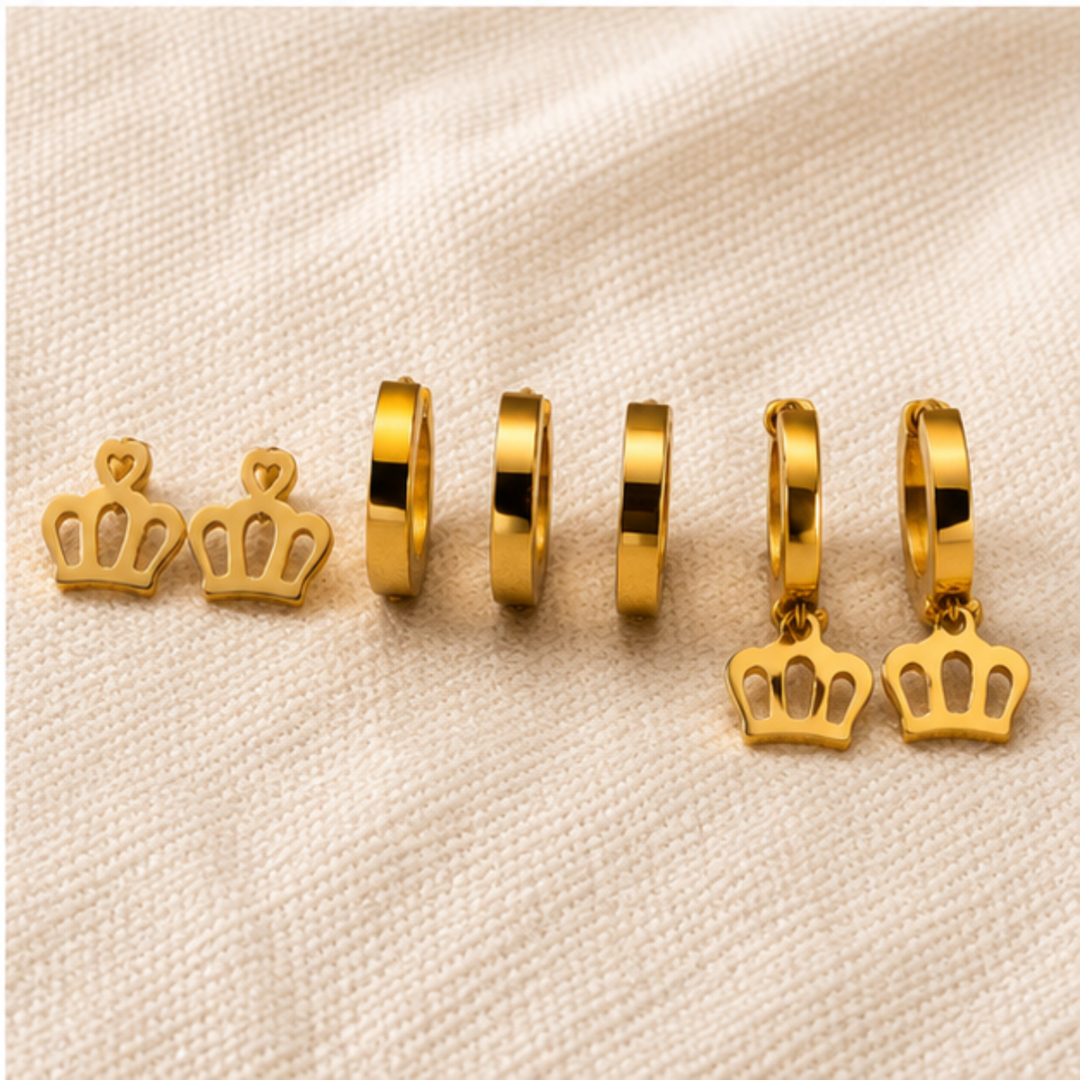 Gold Tone Crown and Hoop Earring Set