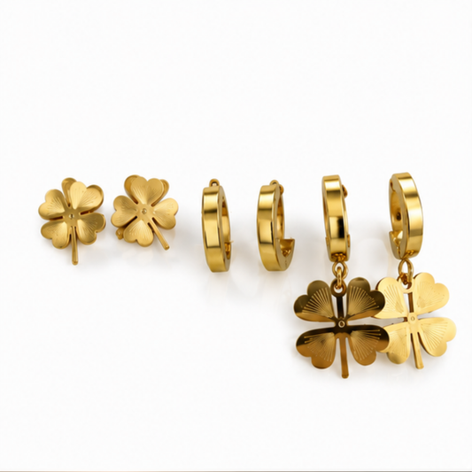 Gold Tone Floral Charm and Hoop Earring Set