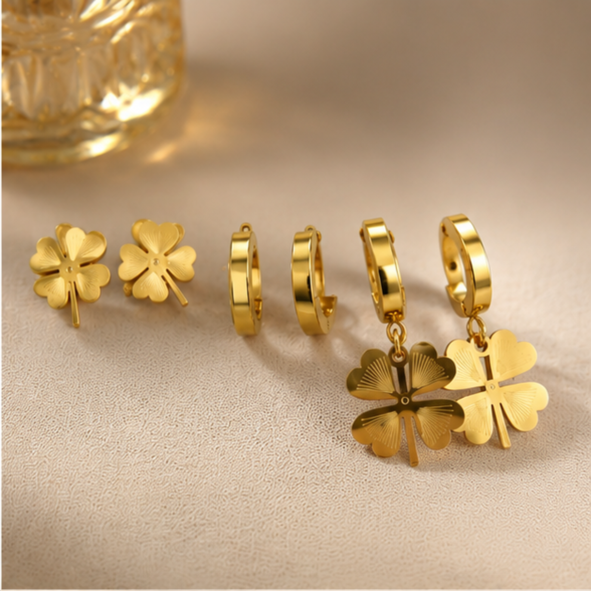 Gold Tone Floral Charm and Hoop Earring Set