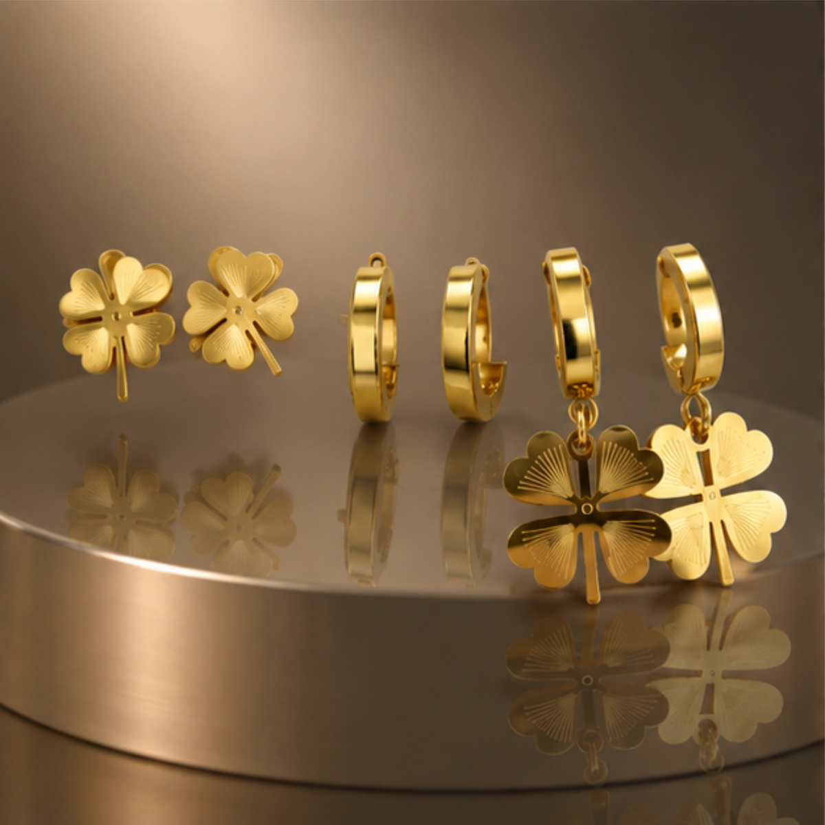 Gold Tone Floral Charm and Hoop Earring Set