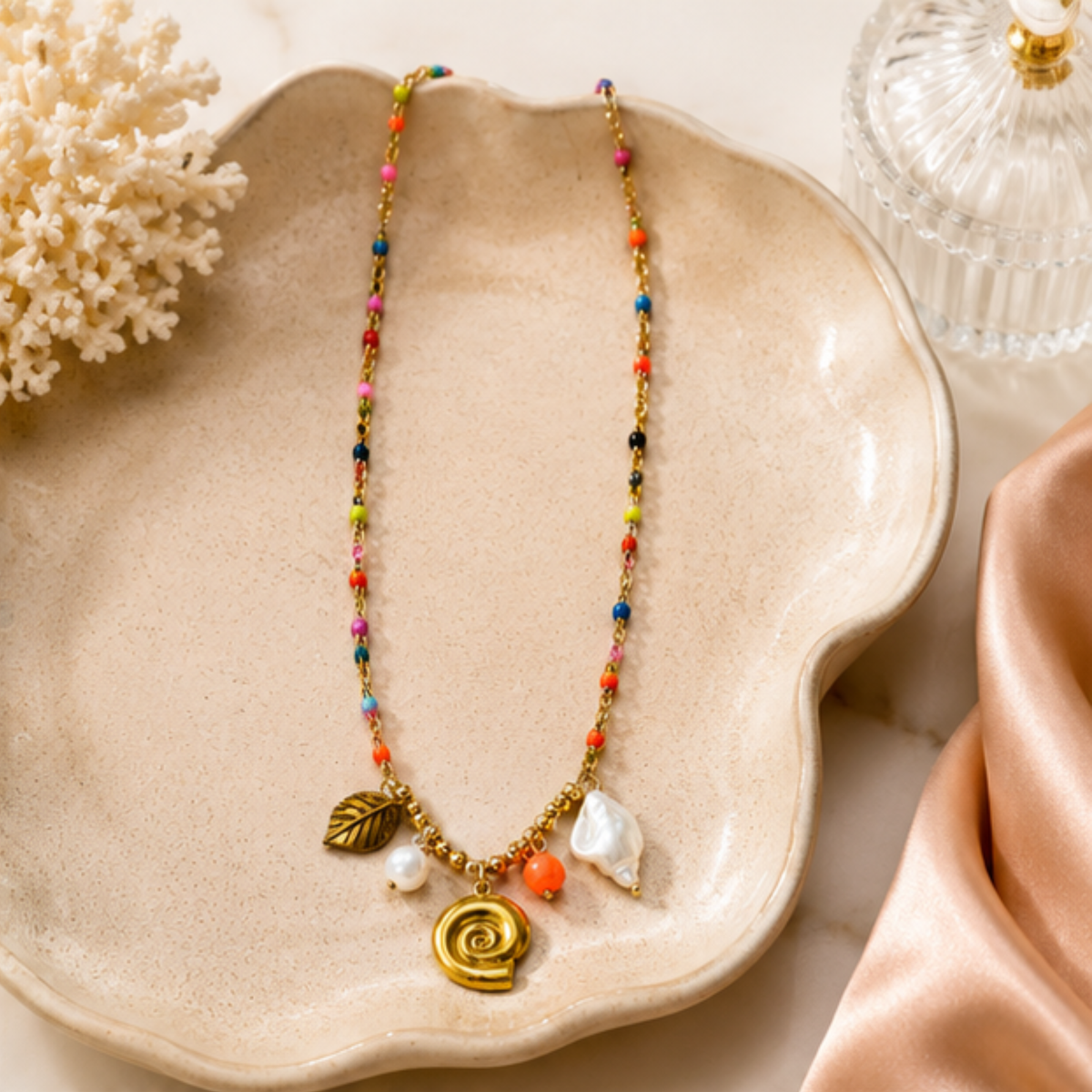 Multicolor Beaded Gold Tone Charm Necklace