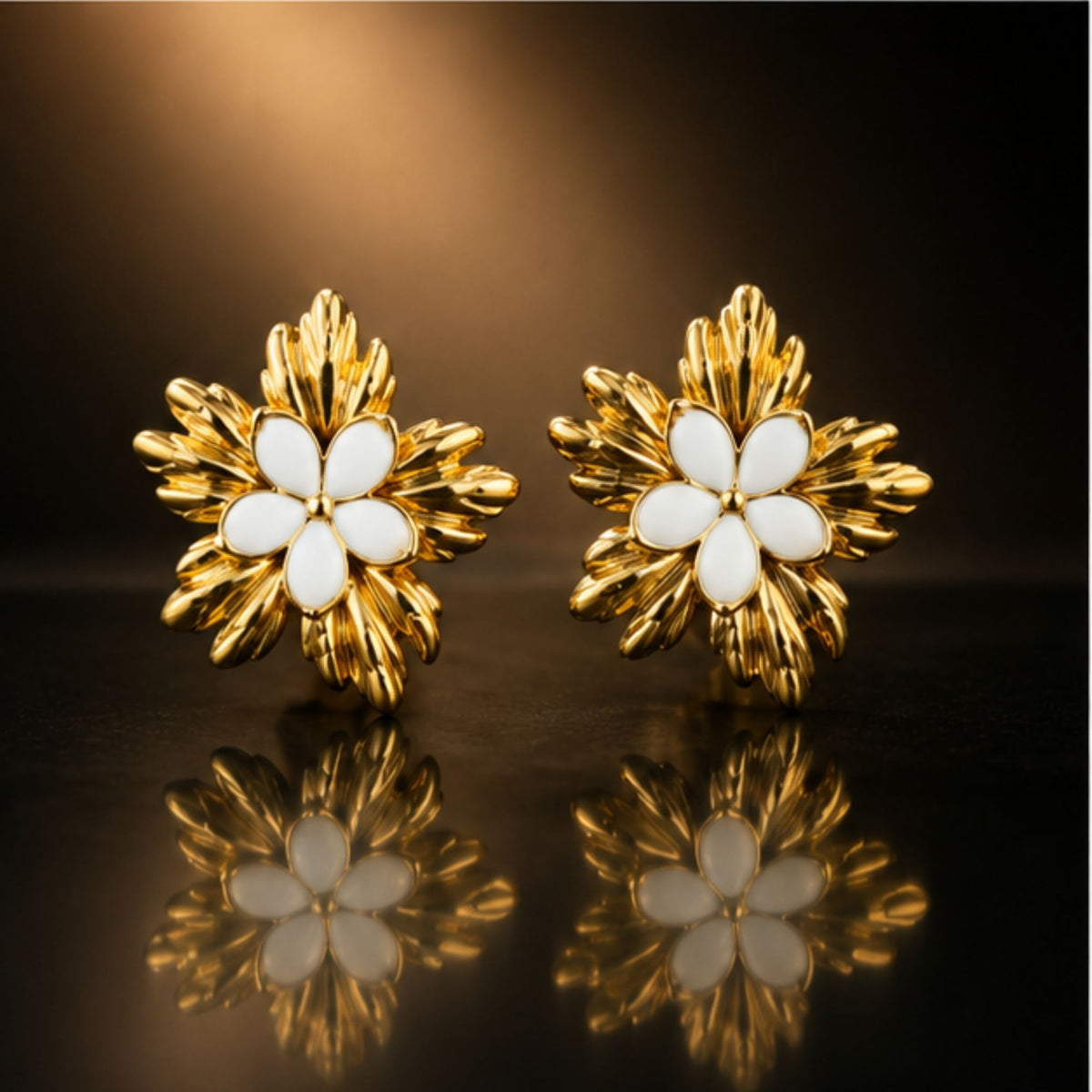 Gold Tone White Floral Stud Earrings for Everyday Elegance