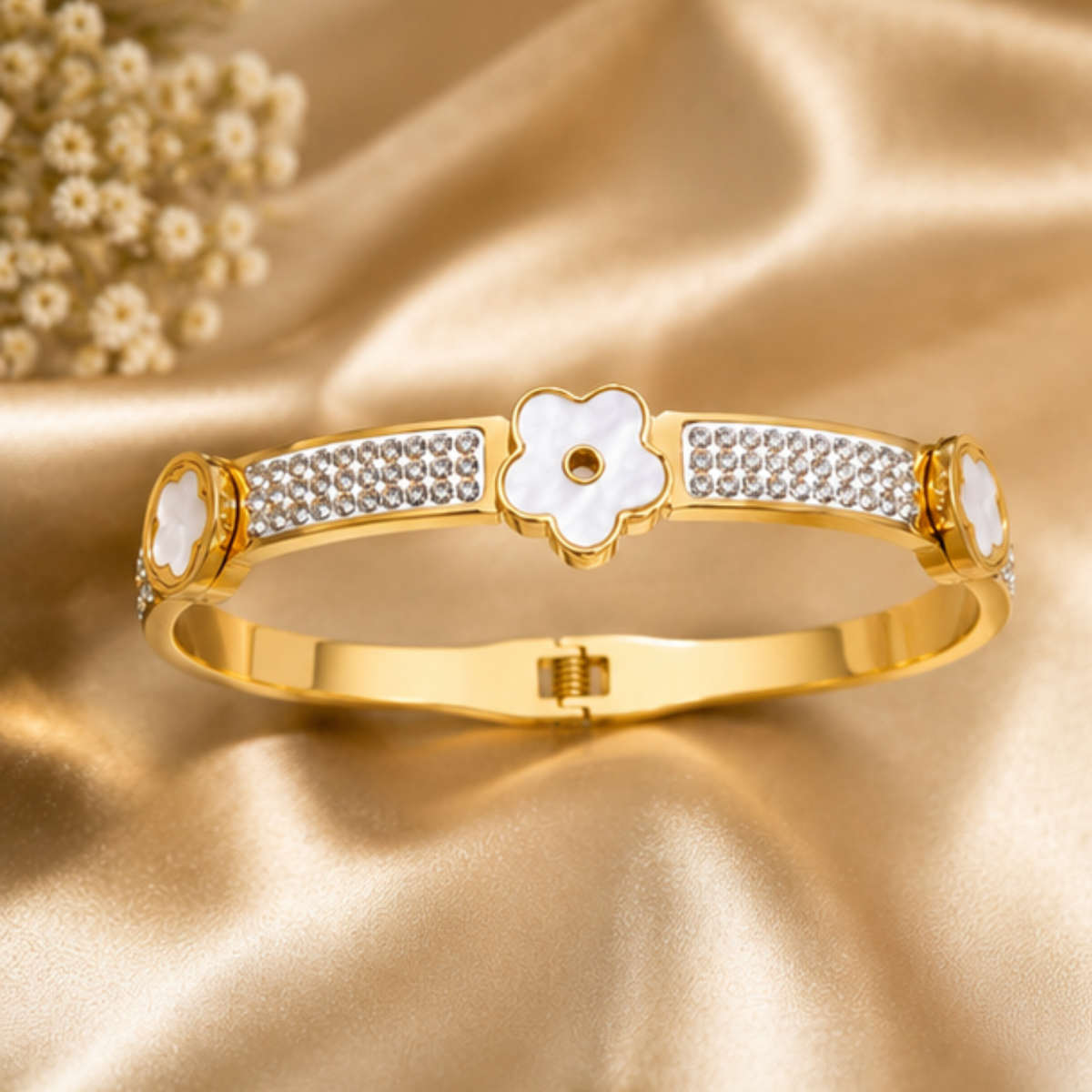 Gold Tone Crystal Flower Detail Bangle Bracelet