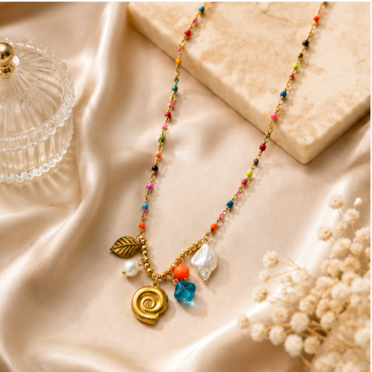 Multicolor Beaded Gold Tone Charm Necklace