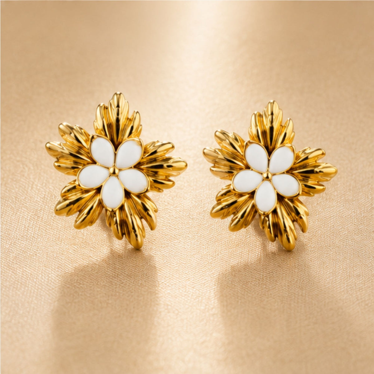 Gold Tone White Floral Stud Earrings for Everyday Elegance