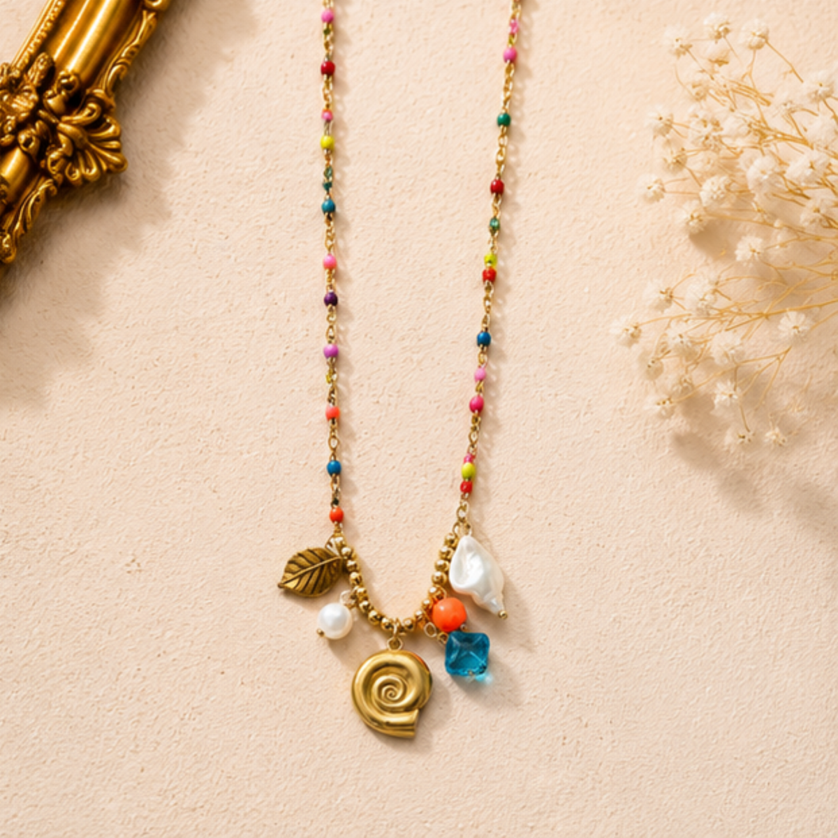 Multicolor Beaded Gold Tone Charm Necklace