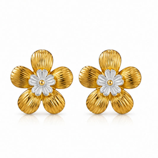 Gold Tone Floral White Centre Stud Earrings
