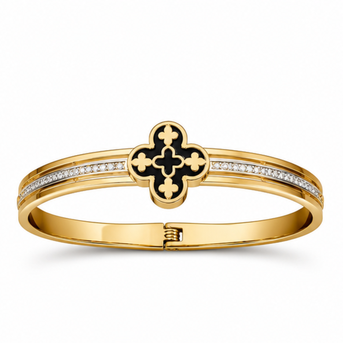 Gold Tone Black Cross Crystal Detail Bangle Bracelet