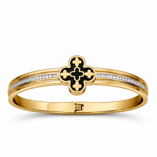 Gold Tone Black Cross Crystal Detail Bangle Bracelet