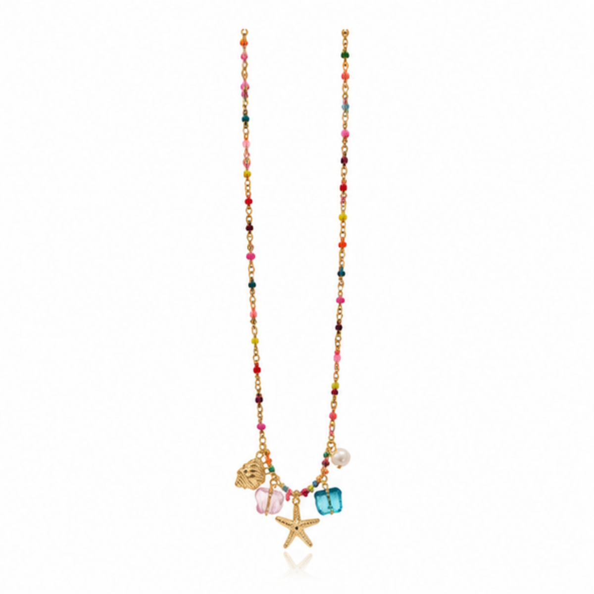 Multicolor Beaded Gold Tone Starfish Charm Necklace