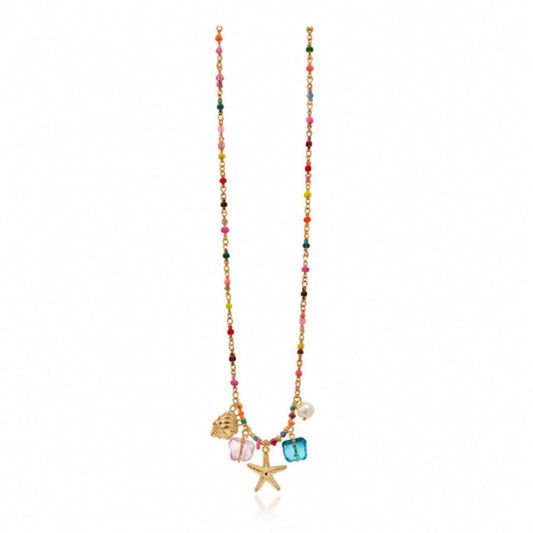Multicolor Beaded Gold Tone Starfish Charm Necklace