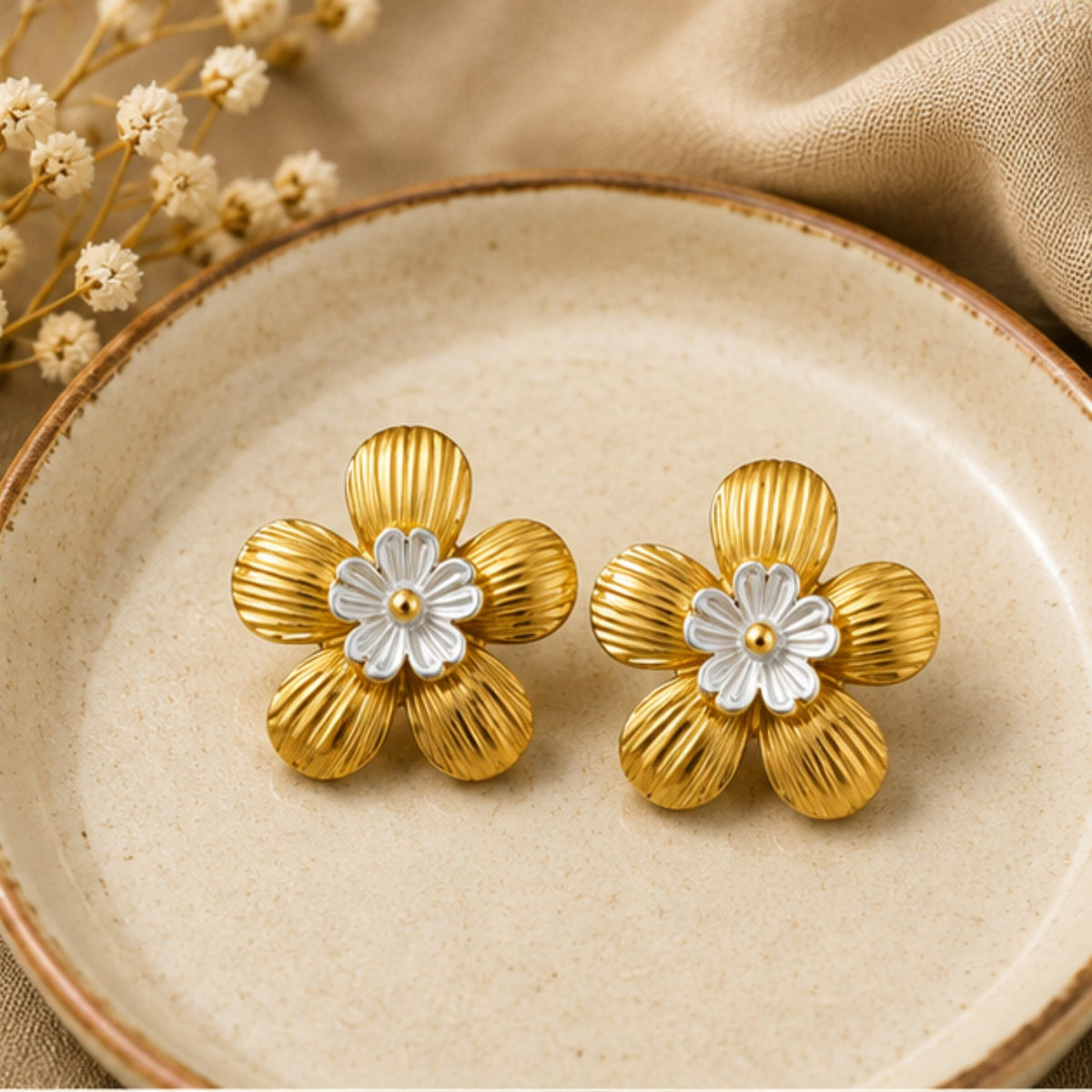 Gold Tone Floral White Centre Stud Earrings
