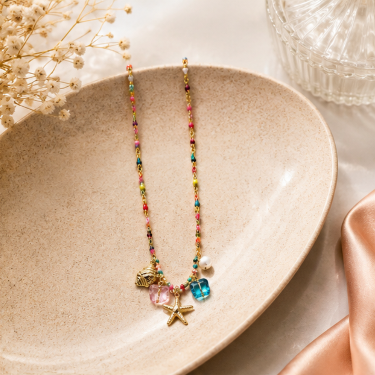 Multicolor Beaded Gold Tone Starfish Charm Necklace