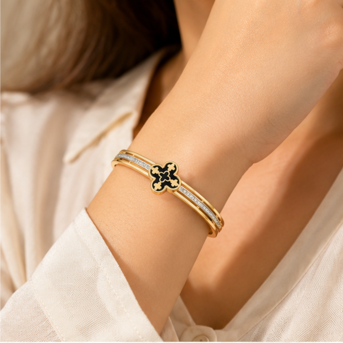 Gold Tone Black Cross Crystal Detail Bangle Bracelet