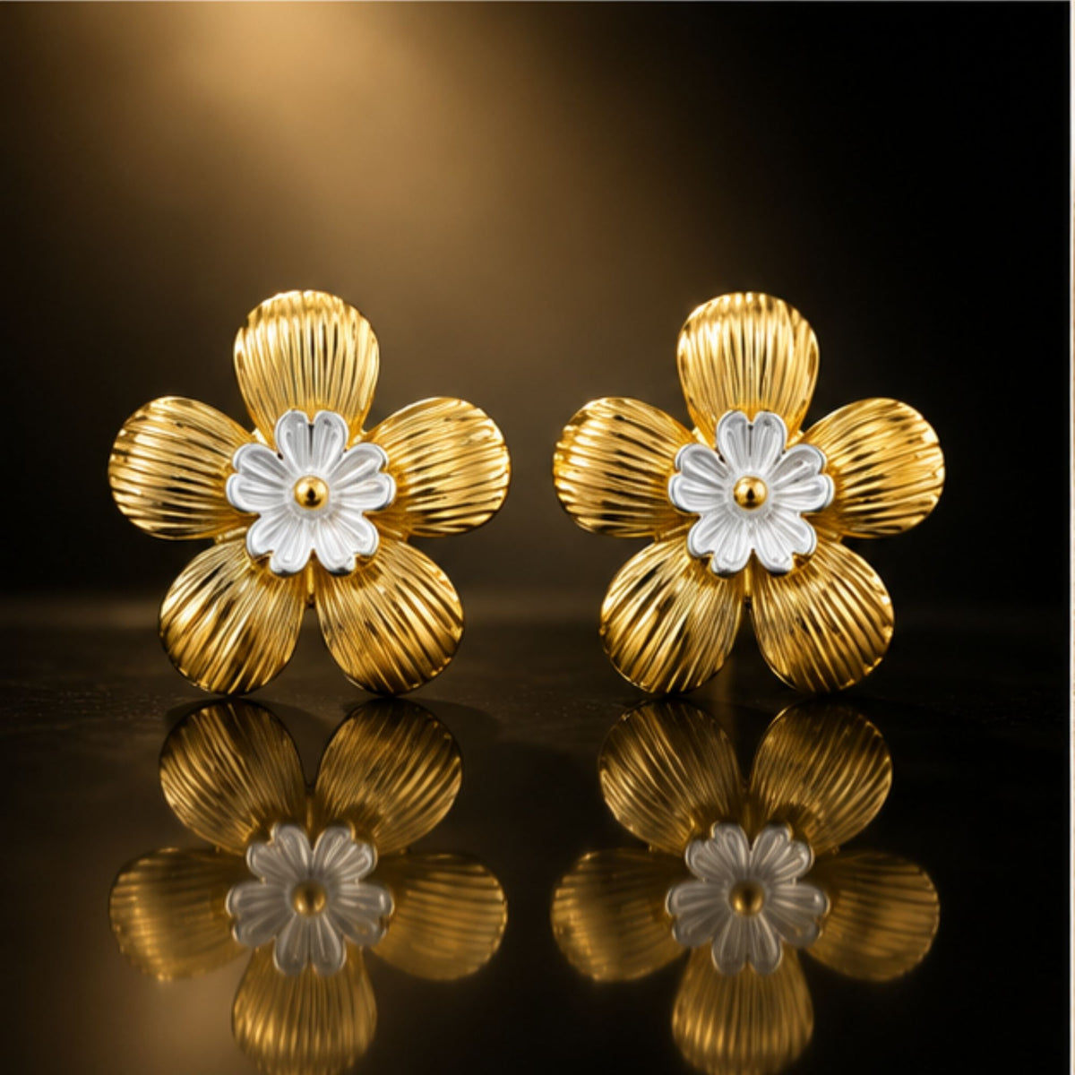 Gold Tone Floral White Centre Stud Earrings