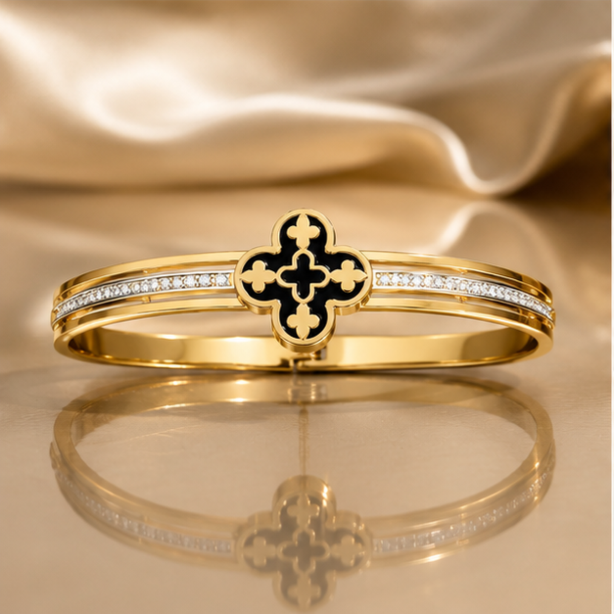 Gold Tone Black Cross Crystal Detail Bangle Bracelet