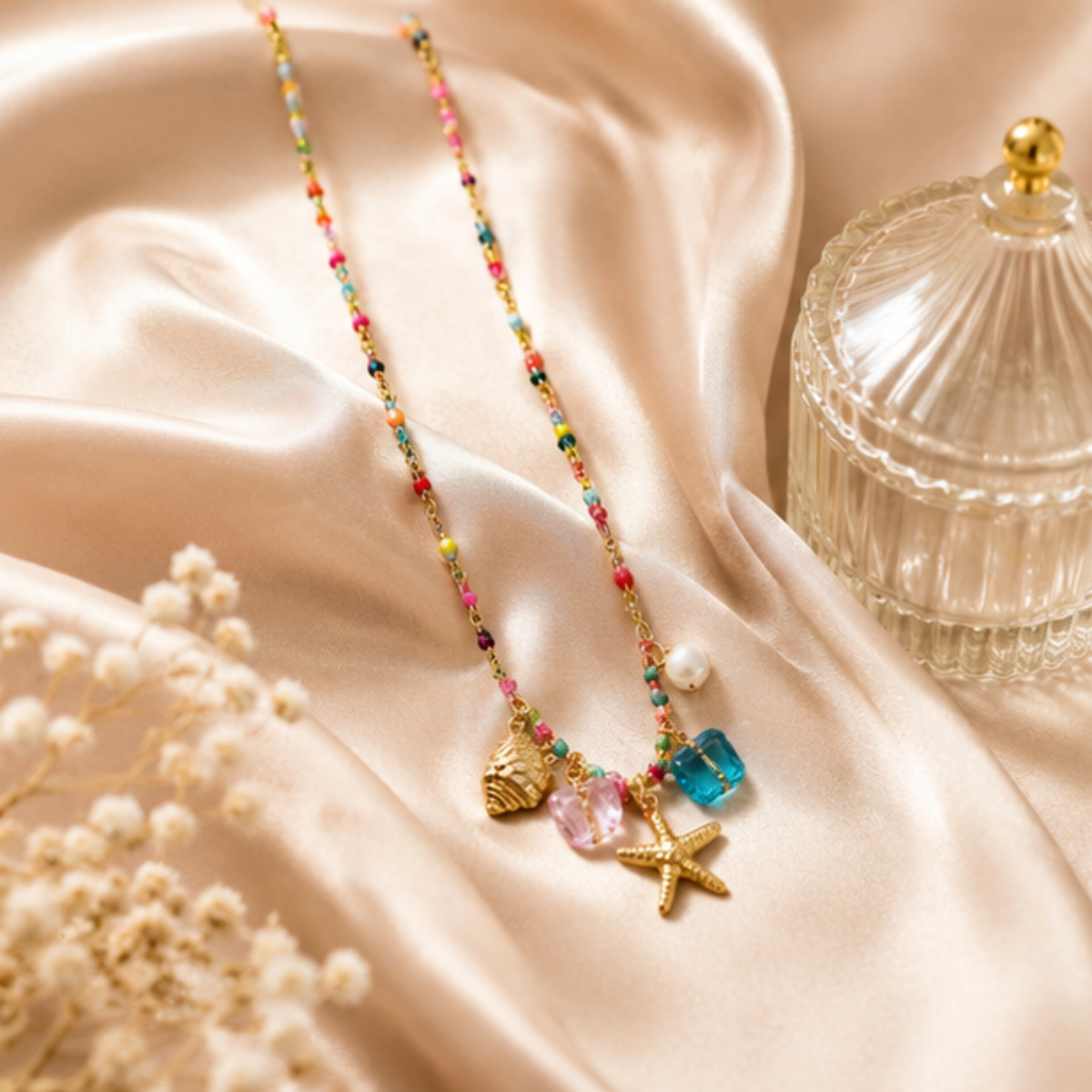 Multicolor Beaded Gold Tone Starfish Charm Necklace