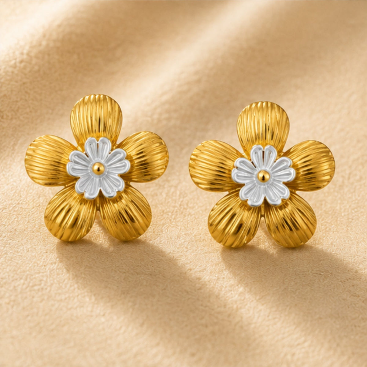 Gold Tone Floral White Centre Stud Earrings
