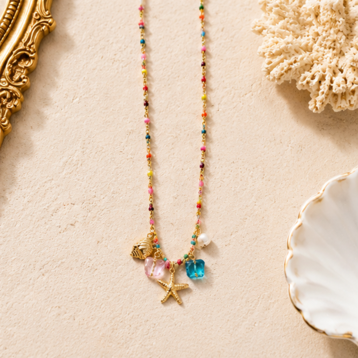 Multicolor Beaded Gold Tone Starfish Charm Necklace