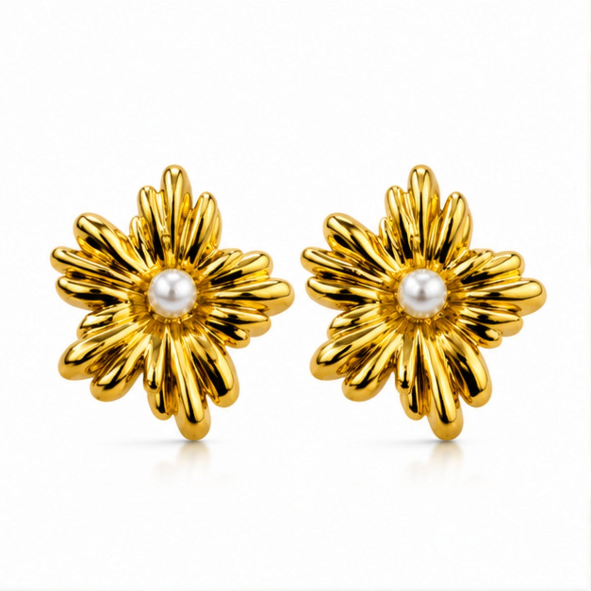 Gold Tone Floral Stud Earrings with White Centre