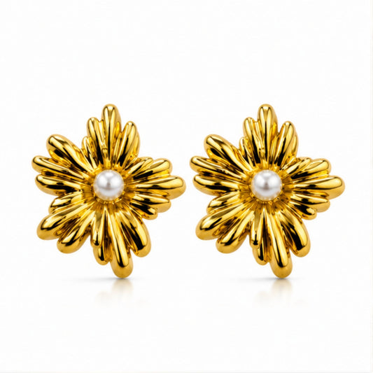Gold Tone Floral Stud Earrings with White Centre