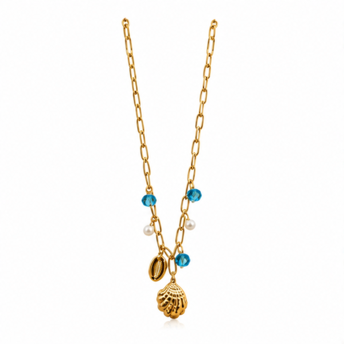 Gold Tone Blue Beaded Shell Charm Pendant Necklace