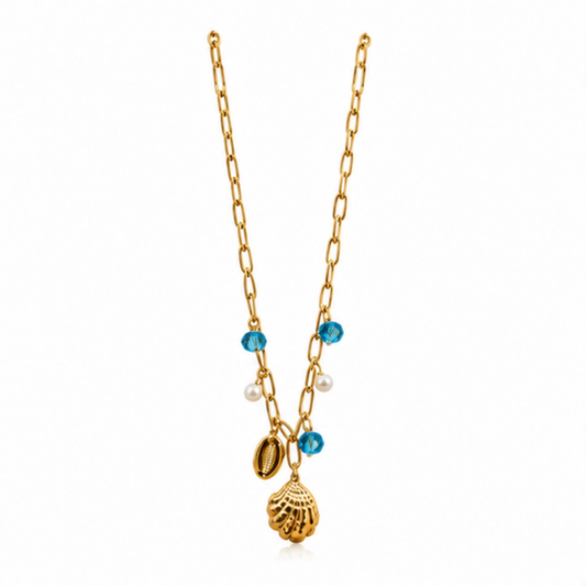 Gold Tone Blue Beaded Shell Charm Pendant Necklace