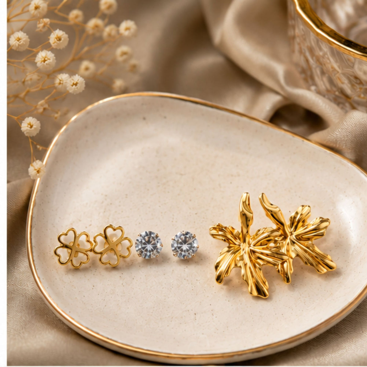 Floral Gold Tone Stud Earrings with Stone Accents