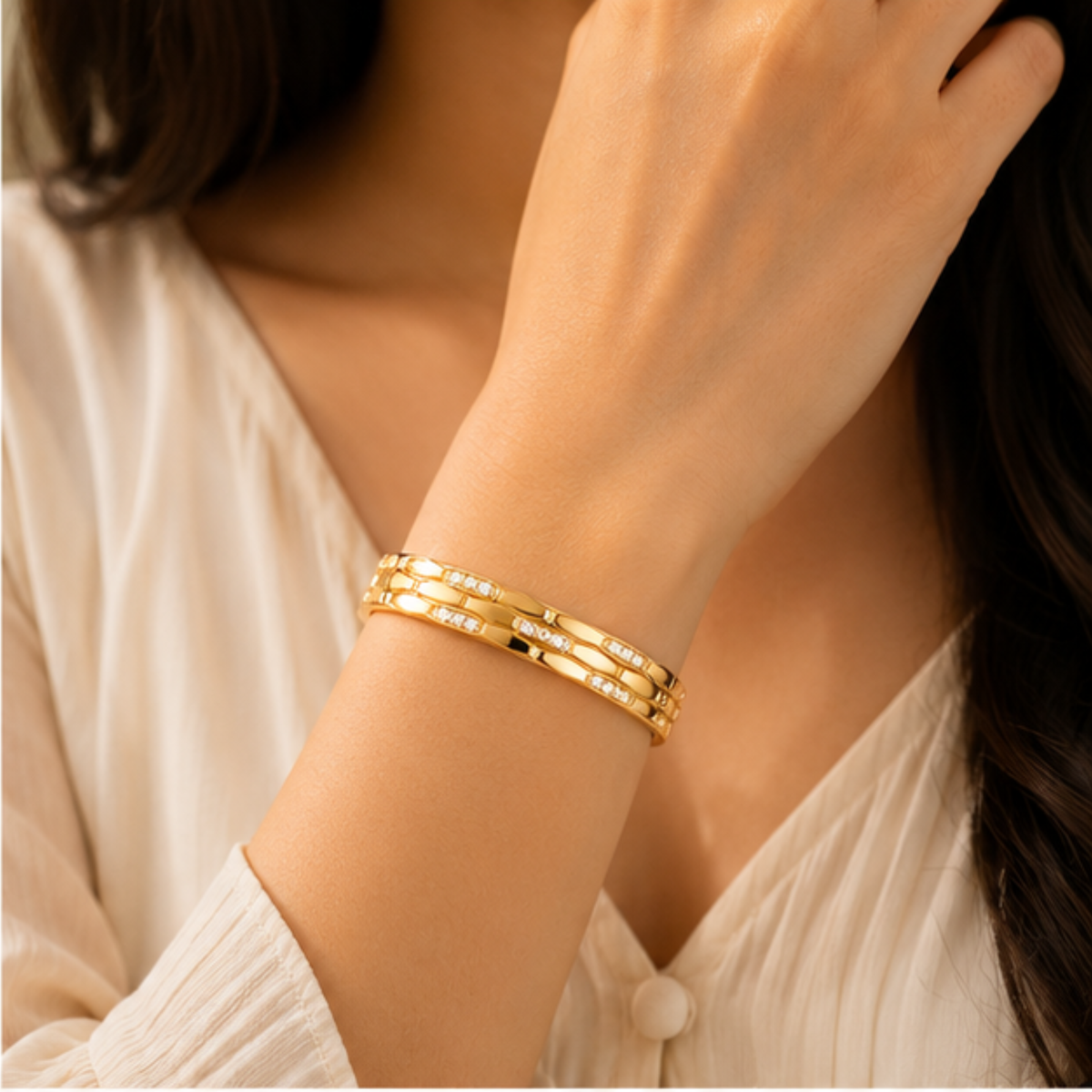 Gold Tone Crystal Link Bangle Bracelet for Women