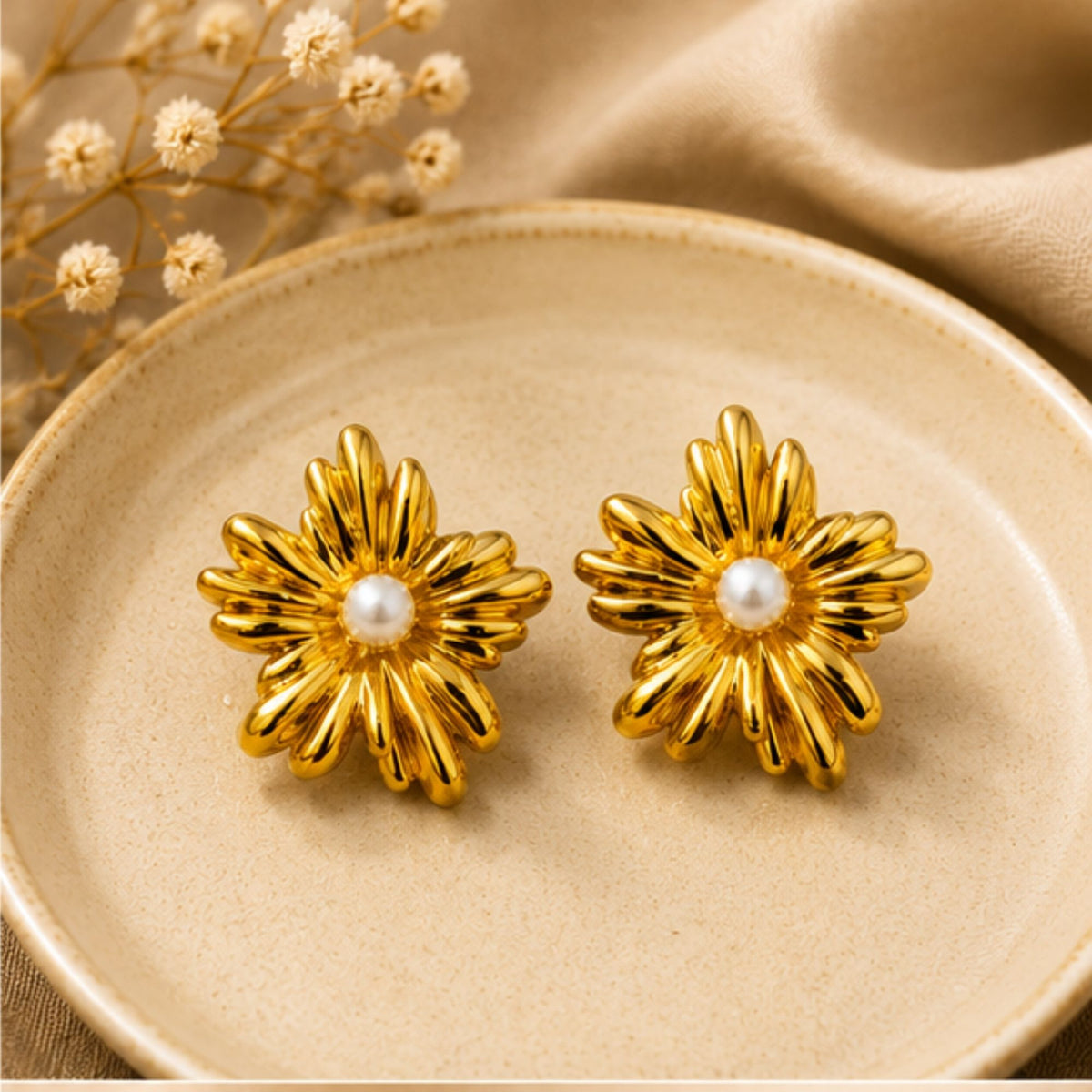 Gold Tone Floral Stud Earrings with White Centre