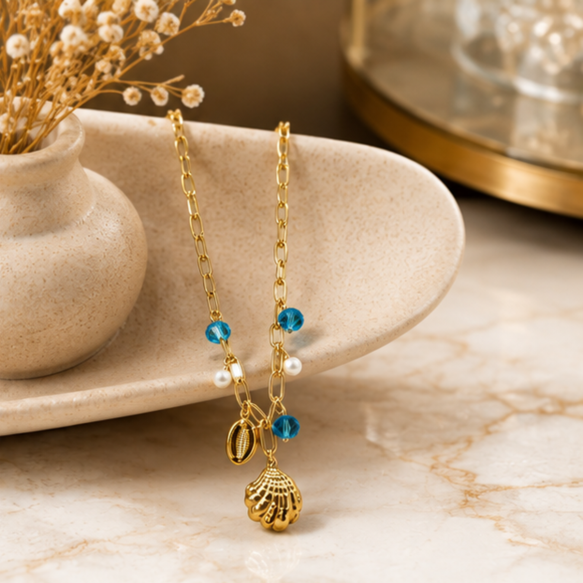 Gold Tone Blue Beaded Shell Charm Pendant Necklace