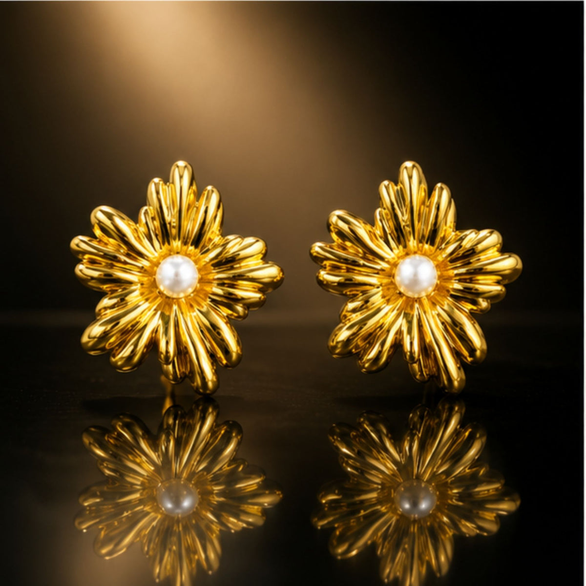 Gold Tone Floral Stud Earrings with White Centre